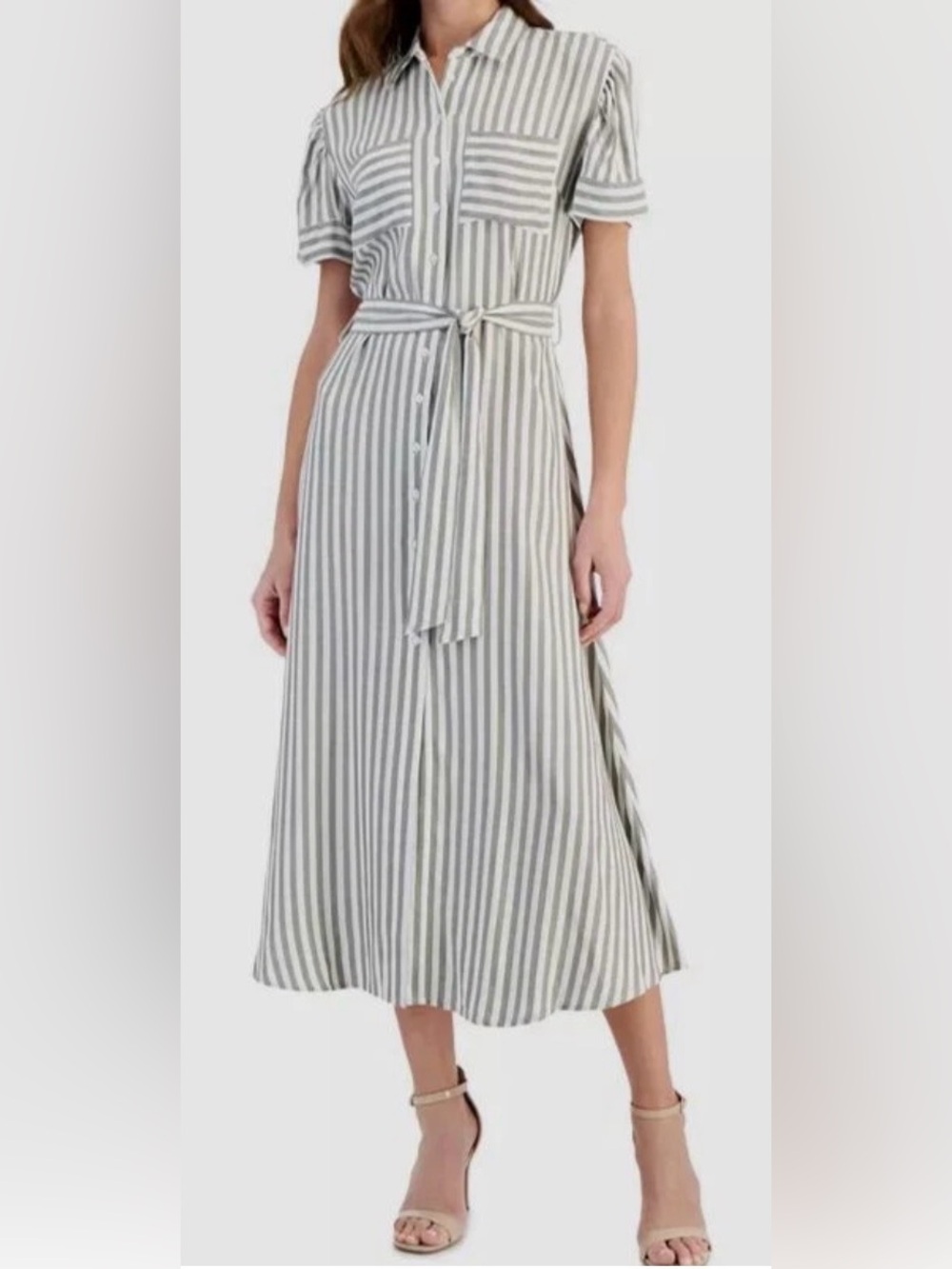 Tahari Gray and White Striped Shirt Midi Skirt
